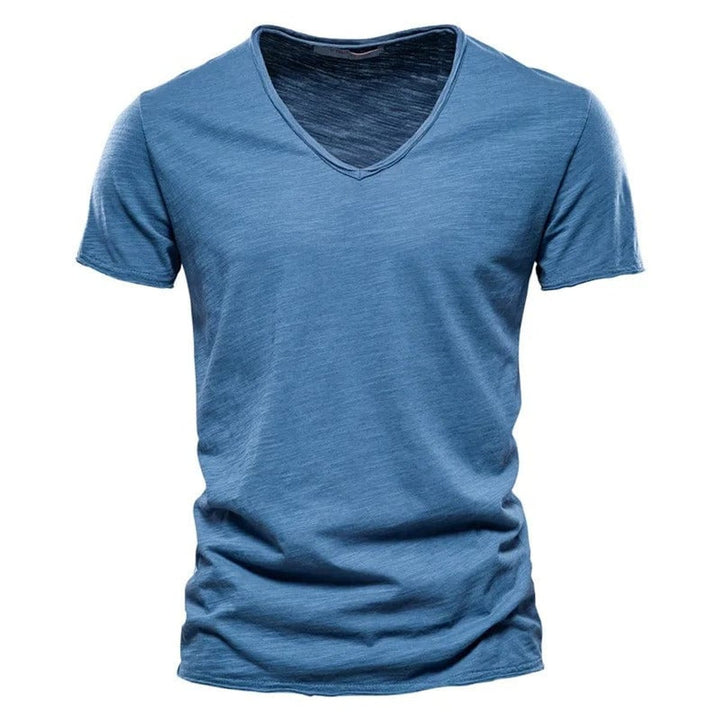 Herren Kurzarm V-Ausschnitt Slim-Fit T-Shirt knitterfrei - Blau