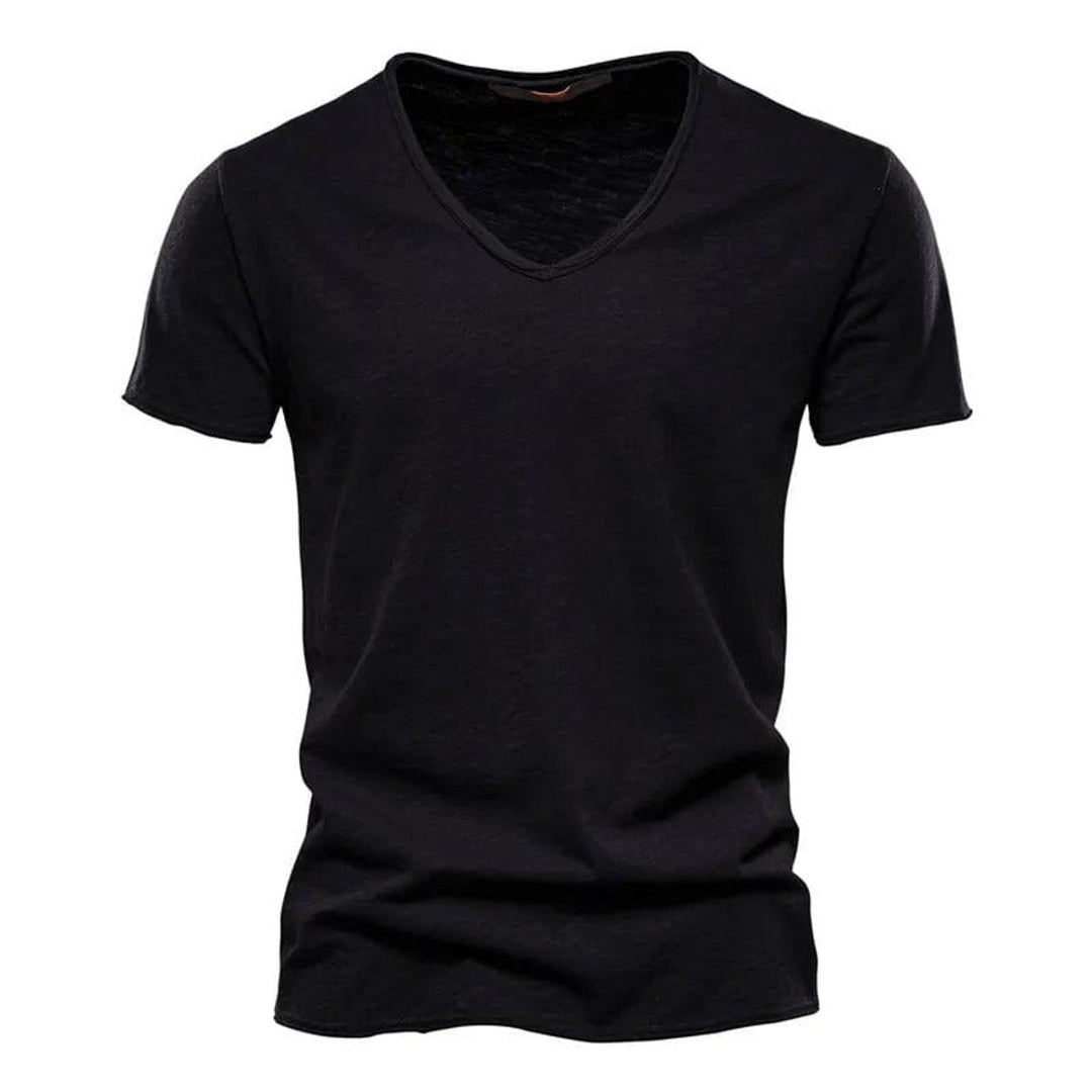Herren Kurzarm V-Ausschnitt Slim-Fit T-Shirt knitterfrei - Schwarz