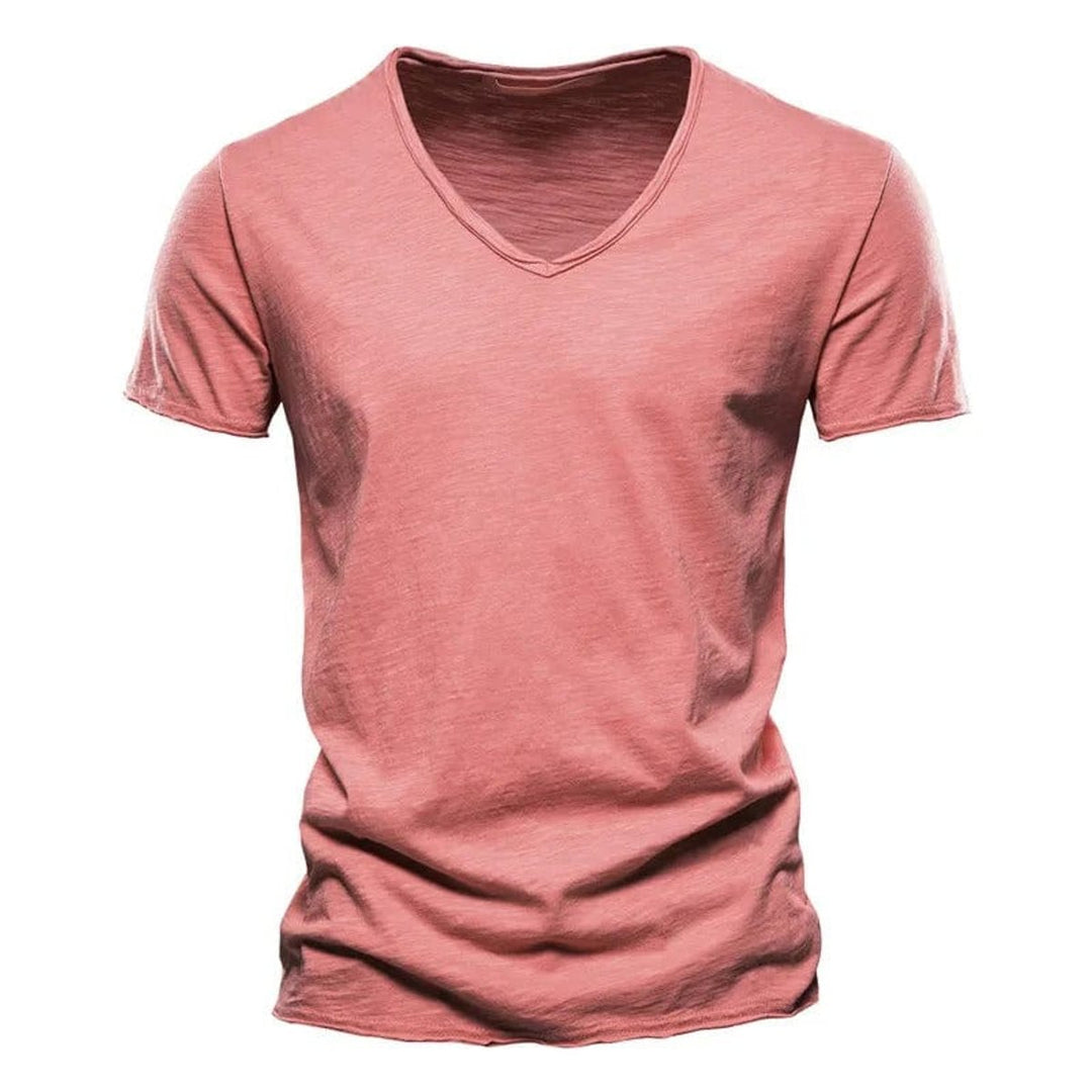 Herren Kurzarm V-Ausschnitt Slim-Fit T-Shirt knitterfrei - Rosa