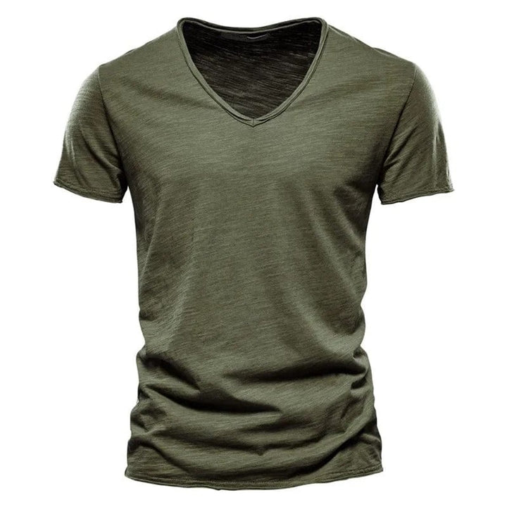 Herren Kurzarm V-Ausschnitt Slim-Fit T-Shirt knitterfrei - Armeegrün