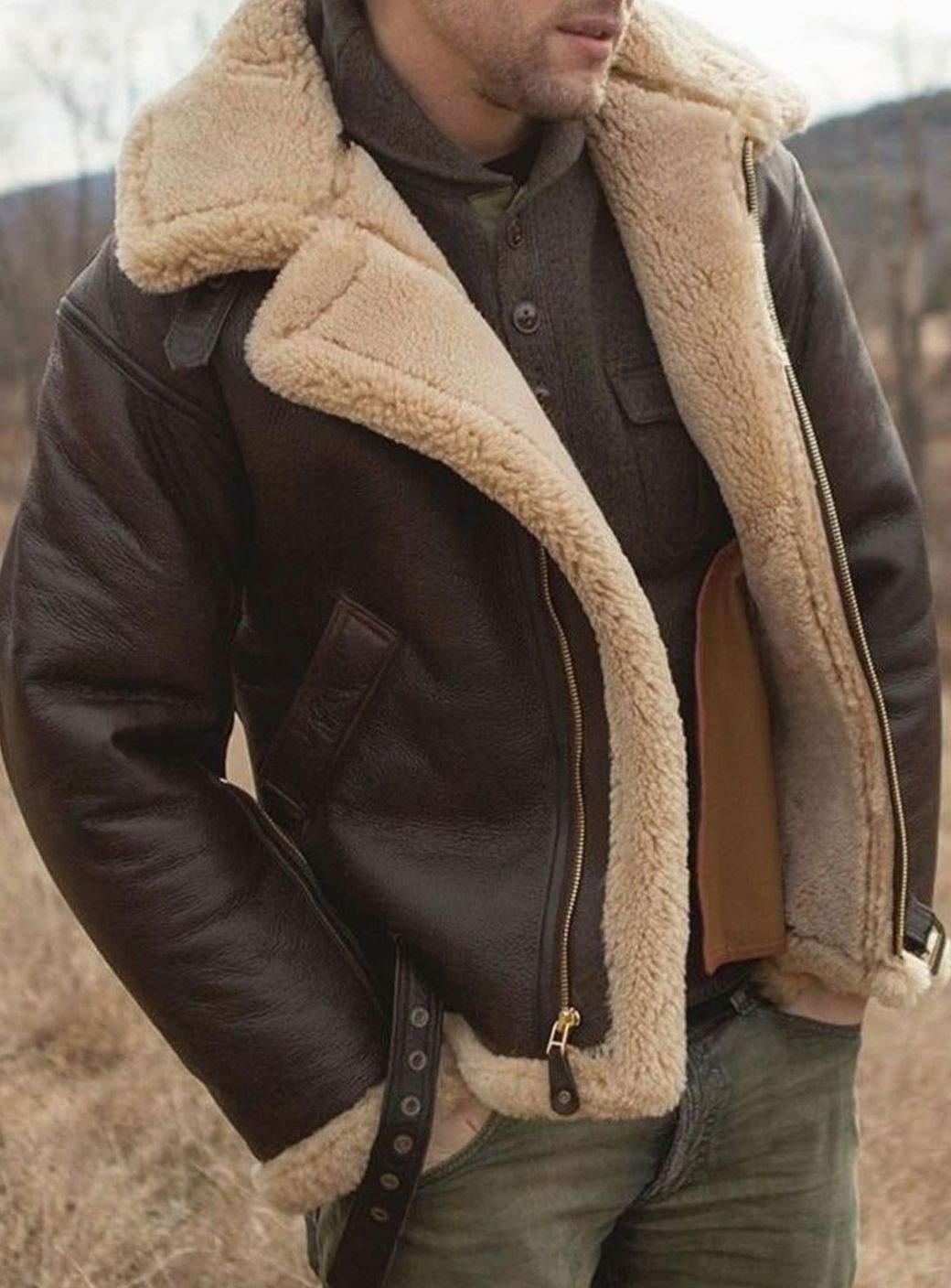 Herren Lammfell-Fliegerjacke mit Reißverschluss klassischer Aviator-Schnitt