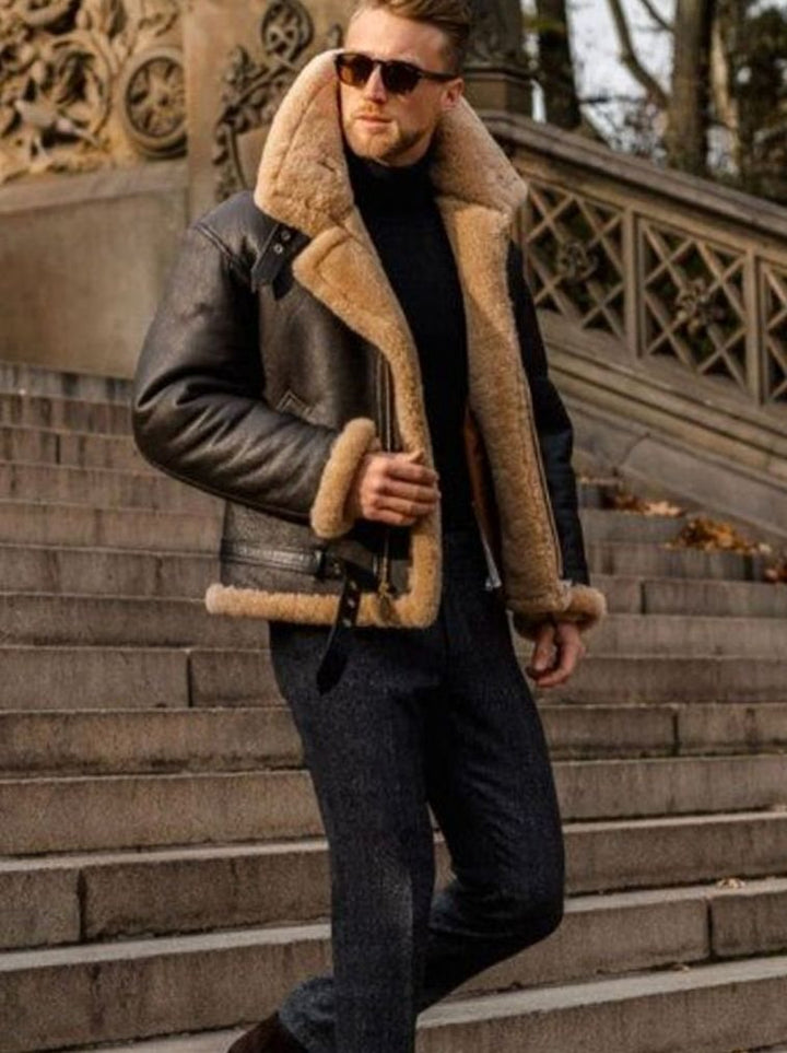 Herren Lammfell-Fliegerjacke mit Reißverschluss klassischer Aviator-Schnitt