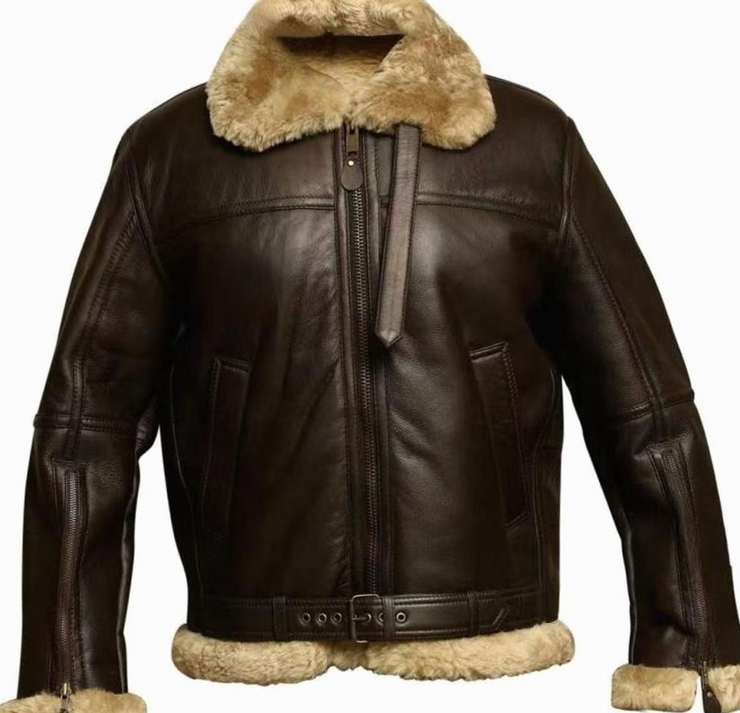 Herren Lammfell-Fliegerjacke mit Reißverschluss klassischer Aviator-Schnitt