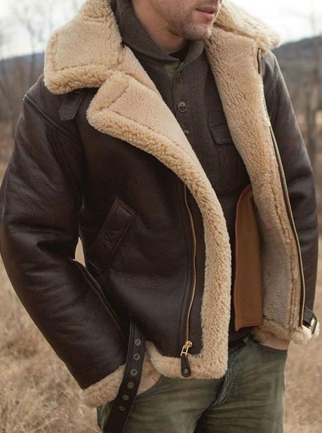 Herren Lammfell-Fliegerjacke mit Reißverschluss klassischer Aviator-Schnitt