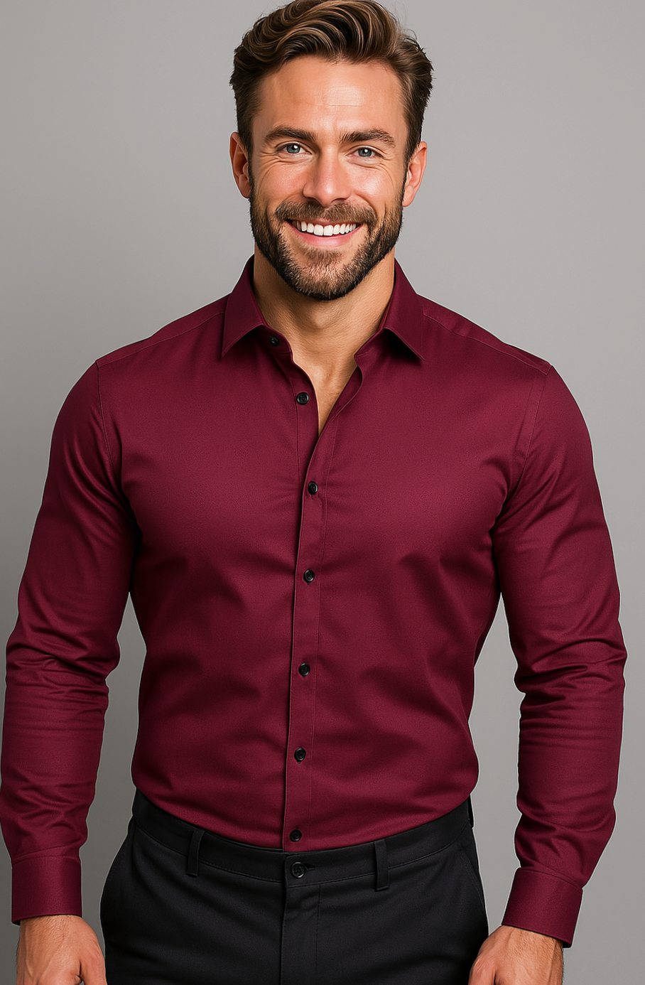 Herren Langarm-Businesshemd tailliertem Schnitt Brusttasche - Weinrot