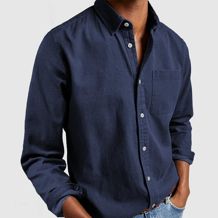 Herren Langarm Freizeithemd mit Brusttasche und Kentkragen - Marineblau