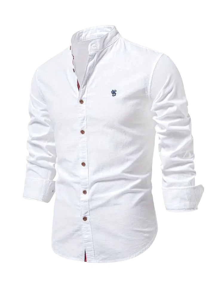 Herren Langarm-Freizeithemd mit Knöpfen Stehkragen Slim-Fit - Weiß