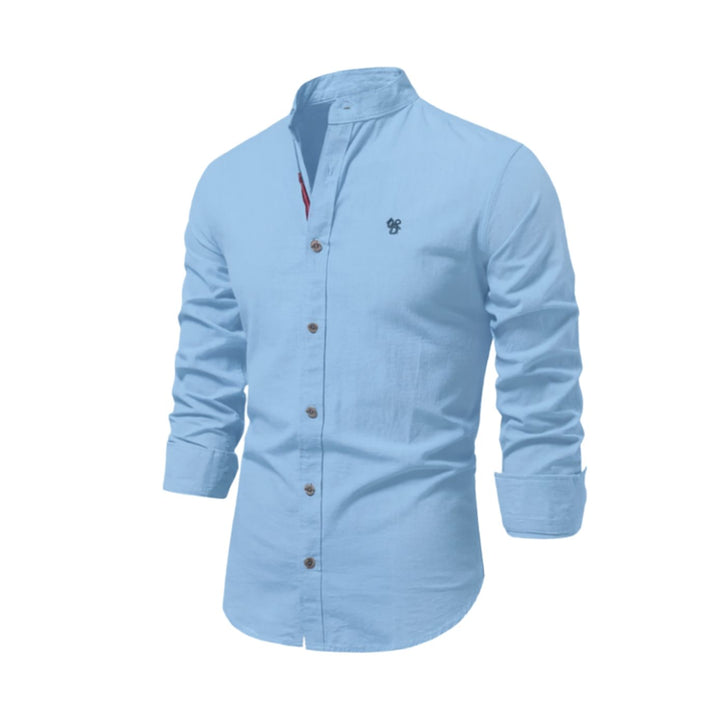 Herren Langarm-Freizeithemd mit Knöpfen Stehkragen Slim-Fit - Hellblau