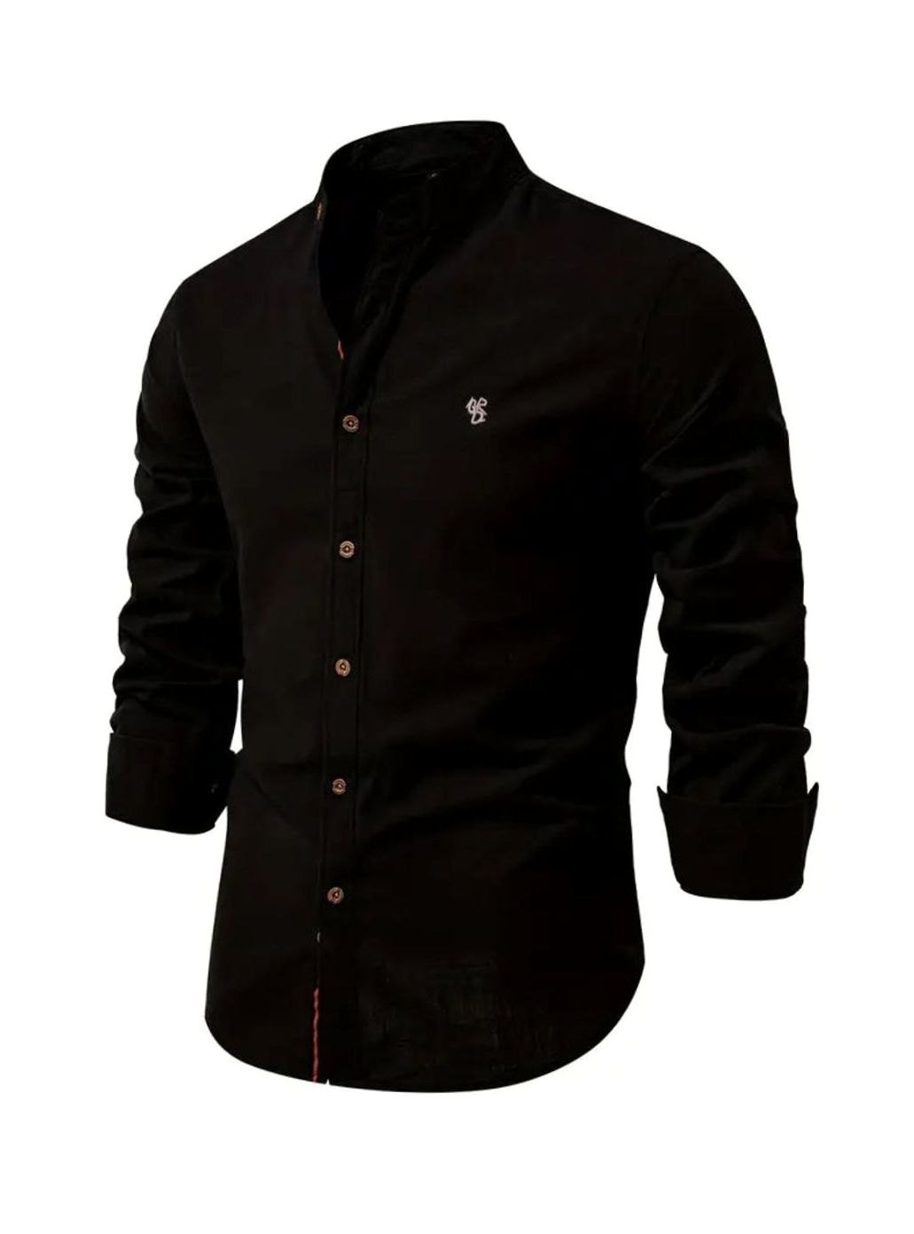 Herren Langarm-Freizeithemd mit Knöpfen Stehkragen Slim-Fit - Schwarz