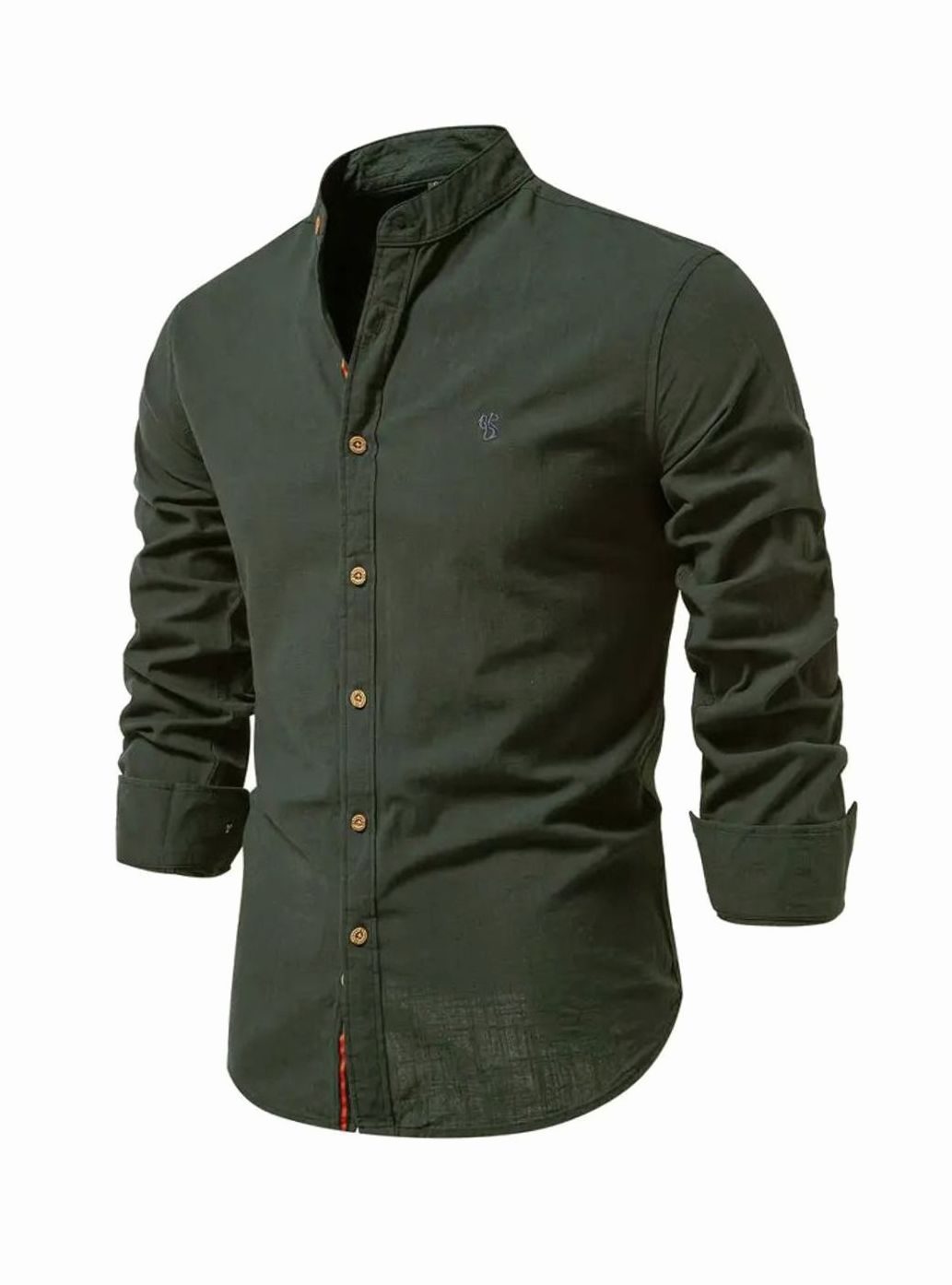 Herren Langarm-Freizeithemd mit Knöpfen Stehkragen Slim-Fit - Armeegrün