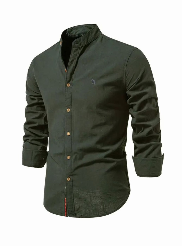 Herren Langarm-Freizeithemd mit Knöpfen Stehkragen Slim-Fit - Armeegrün