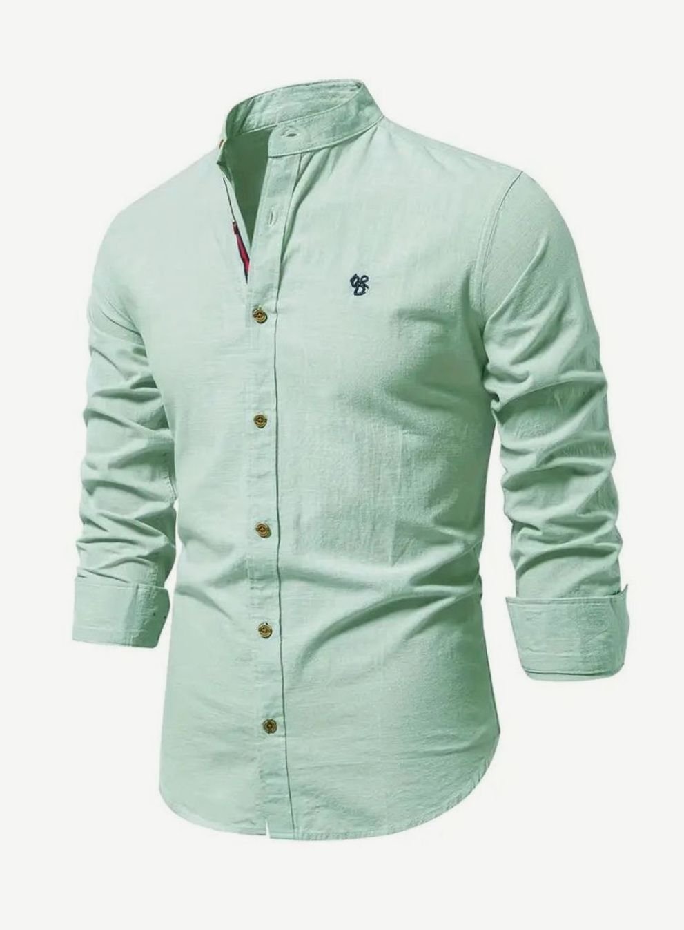 Herren Langarm-Freizeithemd mit Knöpfen Stehkragen Slim-Fit - Hellgrün