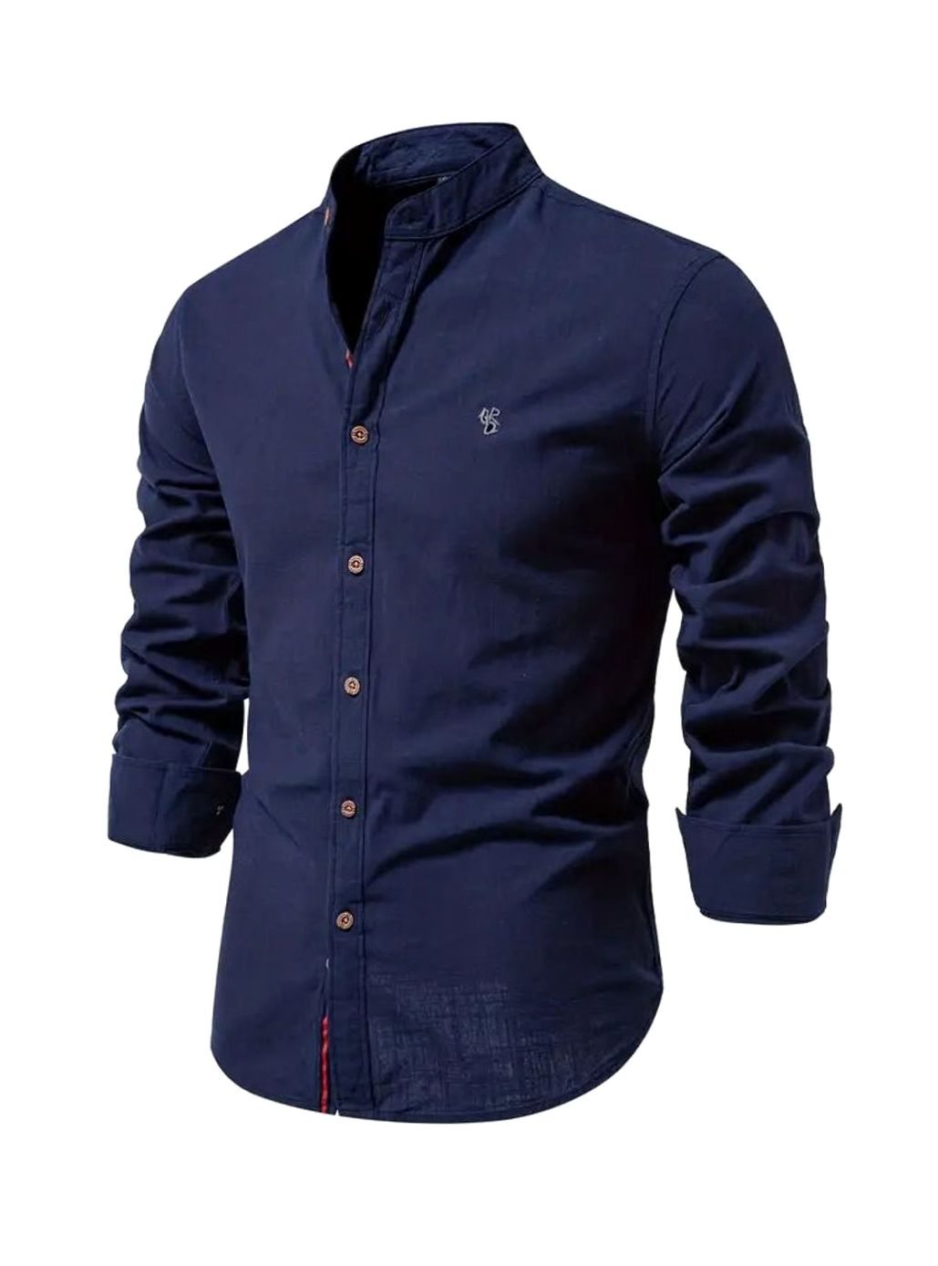 Herren Langarm-Freizeithemd mit Knöpfen Stehkragen Slim-Fit - Marineblau