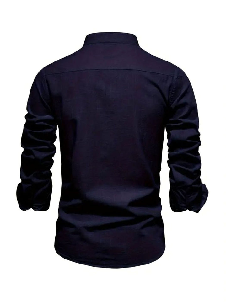 Herren Langarm-Freizeithemd mit Knöpfen Stehkragen Slim-Fit