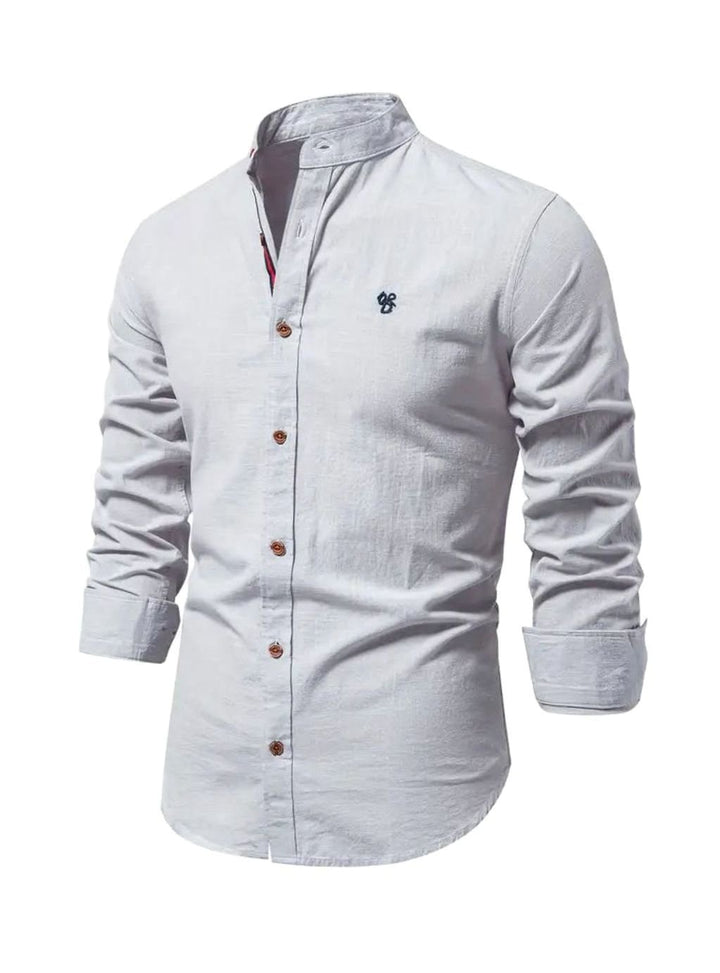 Herren Langarm-Freizeithemd mit Knöpfen Stehkragen Slim-Fit - Grau