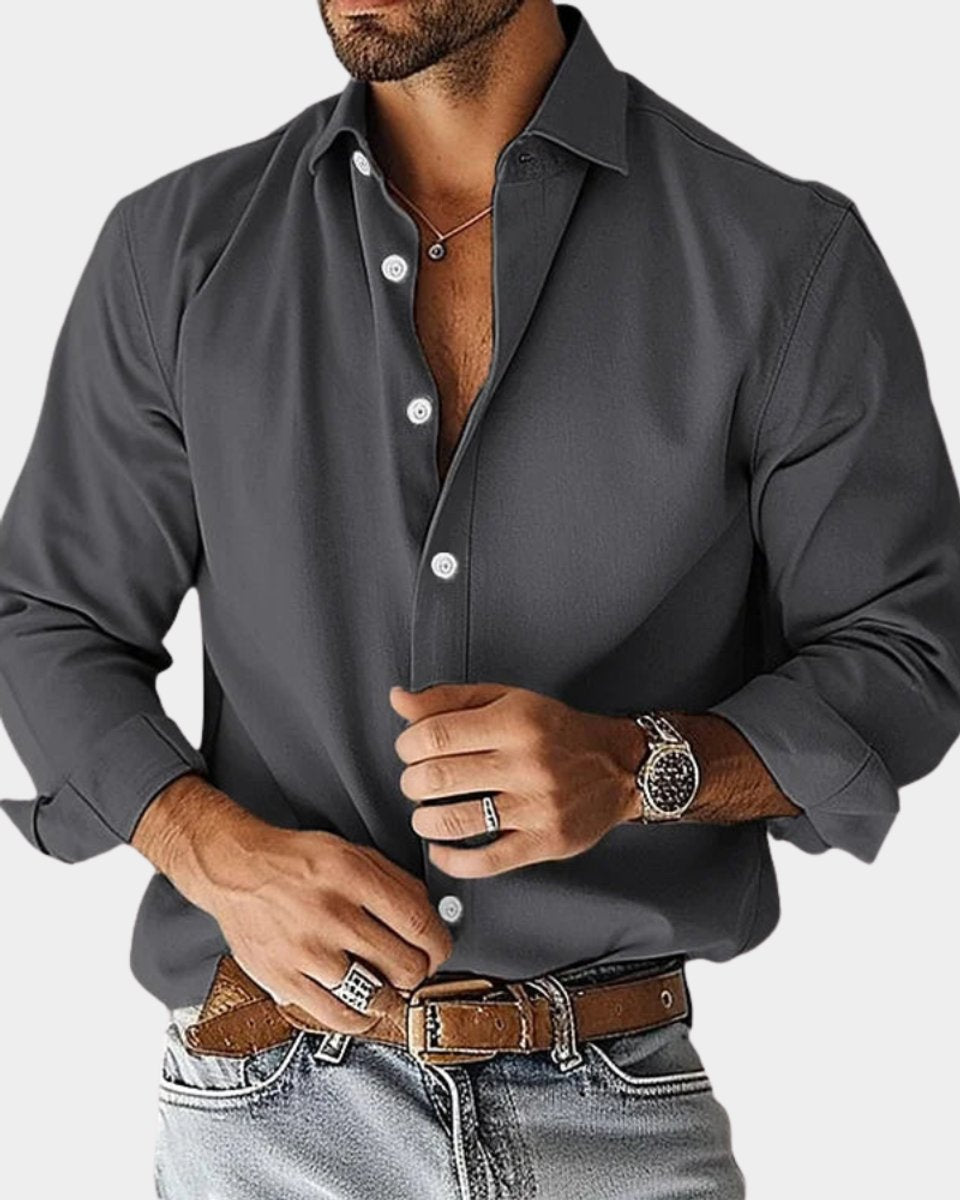 Herren Langarm-Freizeithemd Slim-Fit Knopfleiste - Dunkelgrau