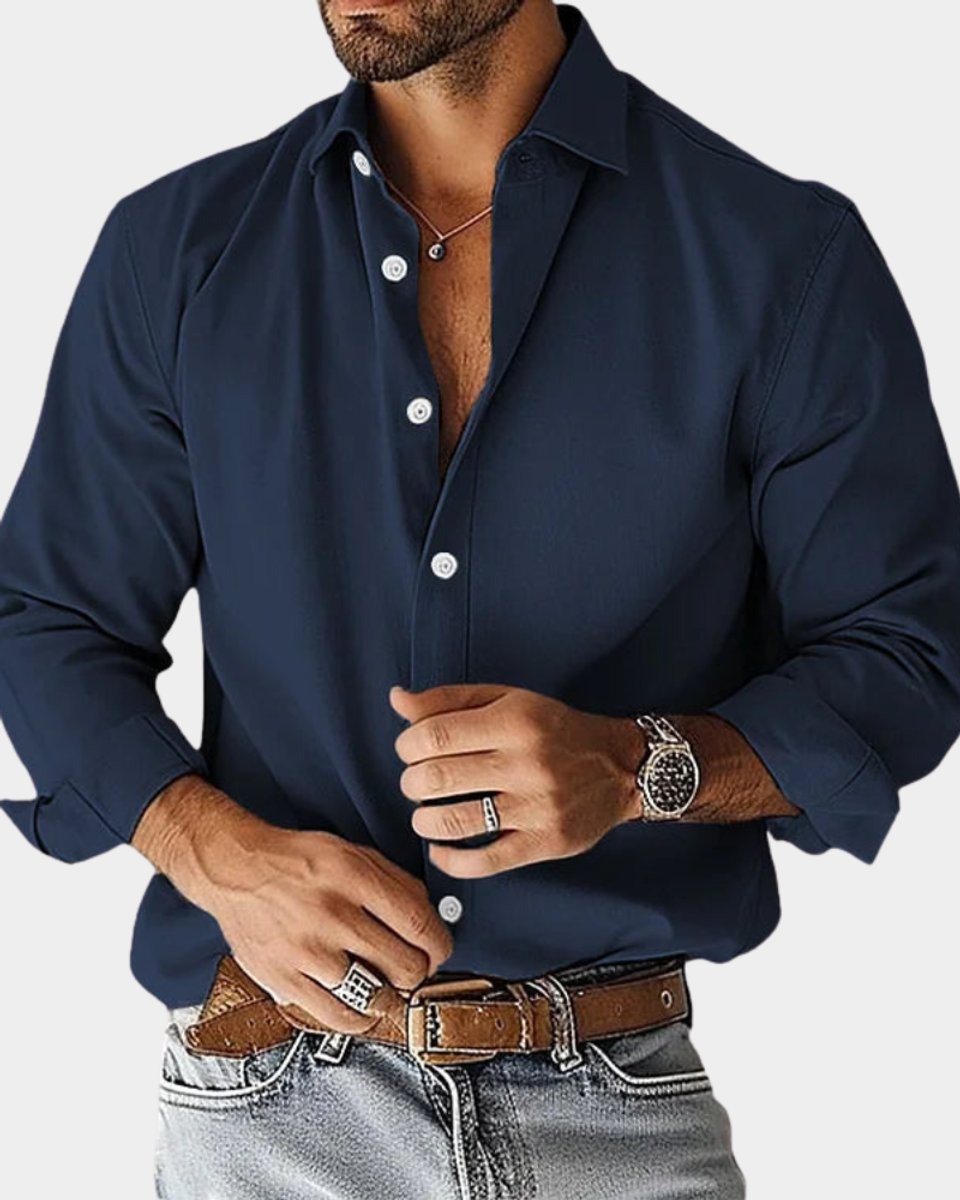 Herren Langarm-Freizeithemd Slim-Fit Knopfleiste - Marineblau