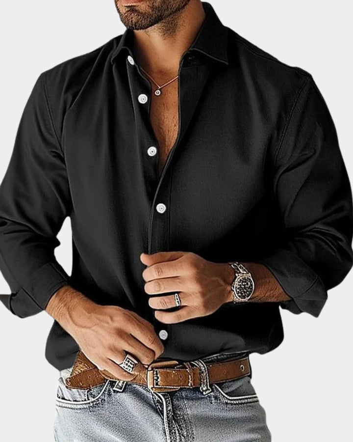 Herren Langarm-Freizeithemd Slim-Fit Knopfleiste - Schwarz