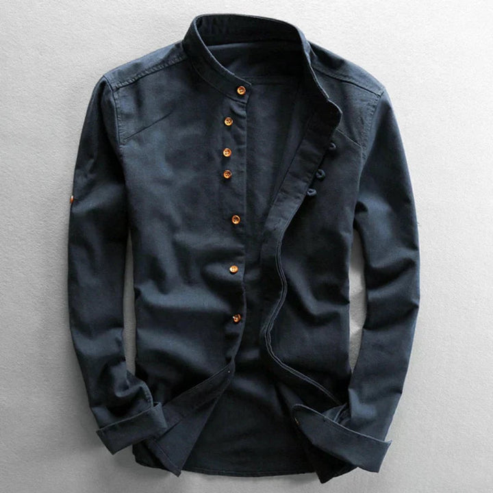 Herren Langarm-Leinenhemd japanischer Stil Stehkragen - Blau