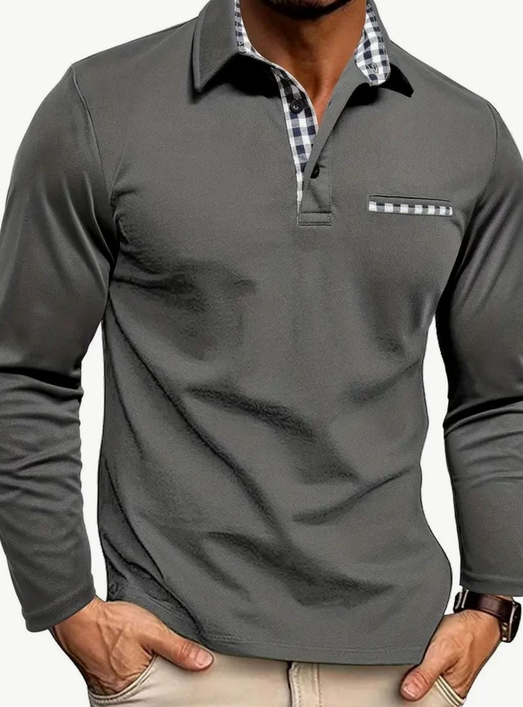 Herren Langarm Polo-Shirt Klassischer Karo-Kragen Slim-Fit - Grau