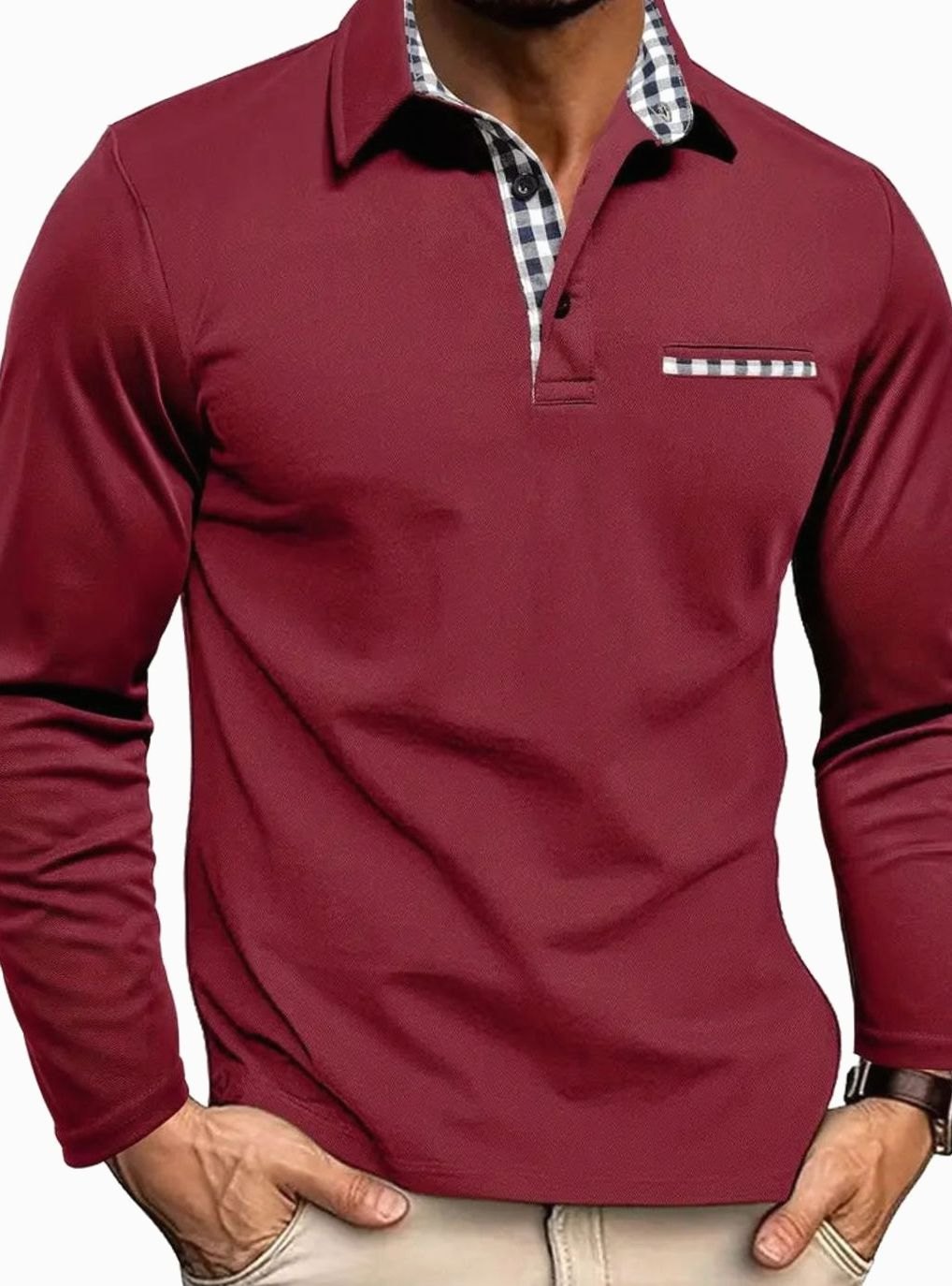 Herren Langarm Polo-Shirt Klassischer Karo-Kragen Slim-Fit - Bordeauxrot