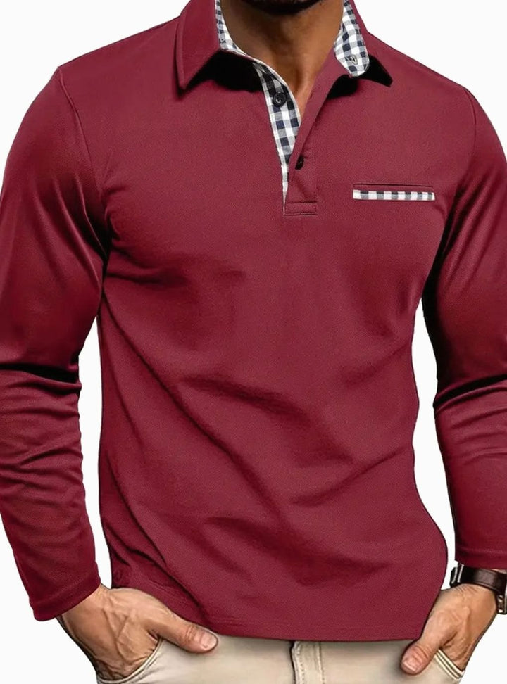 Herren Langarm Polo-Shirt Klassischer Karo-Kragen Slim-Fit - Bordeauxrot