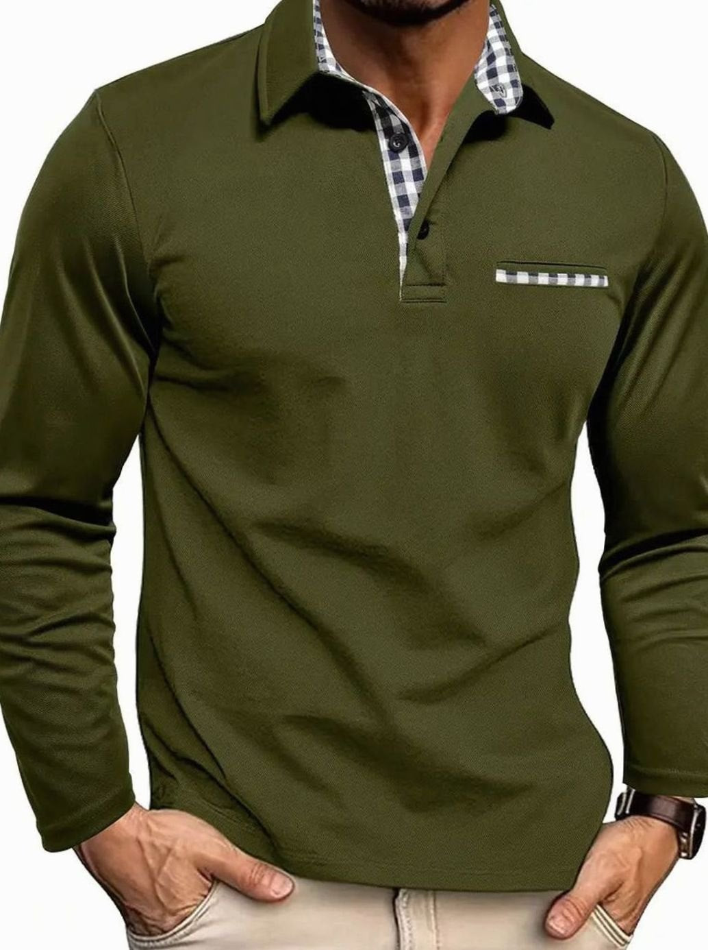 Herren Langarm Polo-Shirt Klassischer Karo-Kragen Slim-Fit - Olivgrün