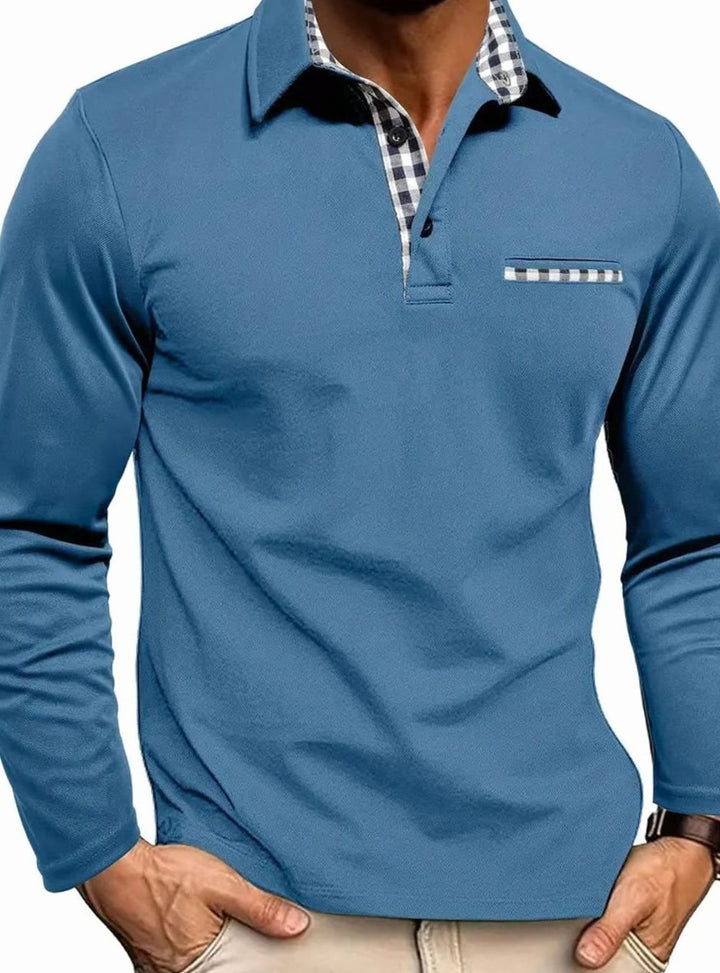Herren Langarm Polo-Shirt Klassischer Karo-Kragen Slim-Fit - Hellblau
