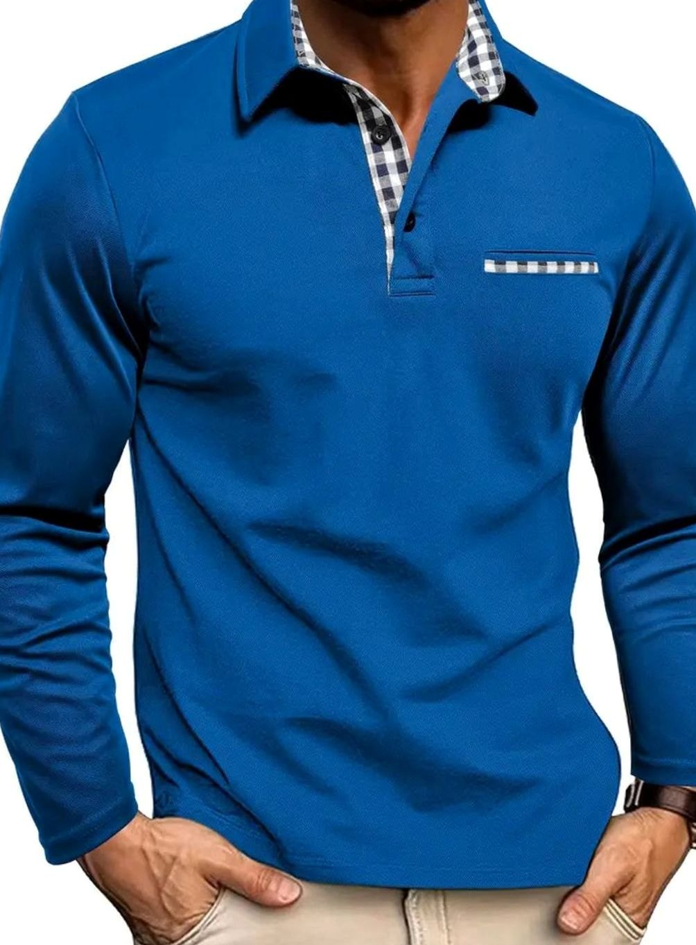 Herren Langarm Polo-Shirt Klassischer Karo-Kragen Slim-Fit - Blau