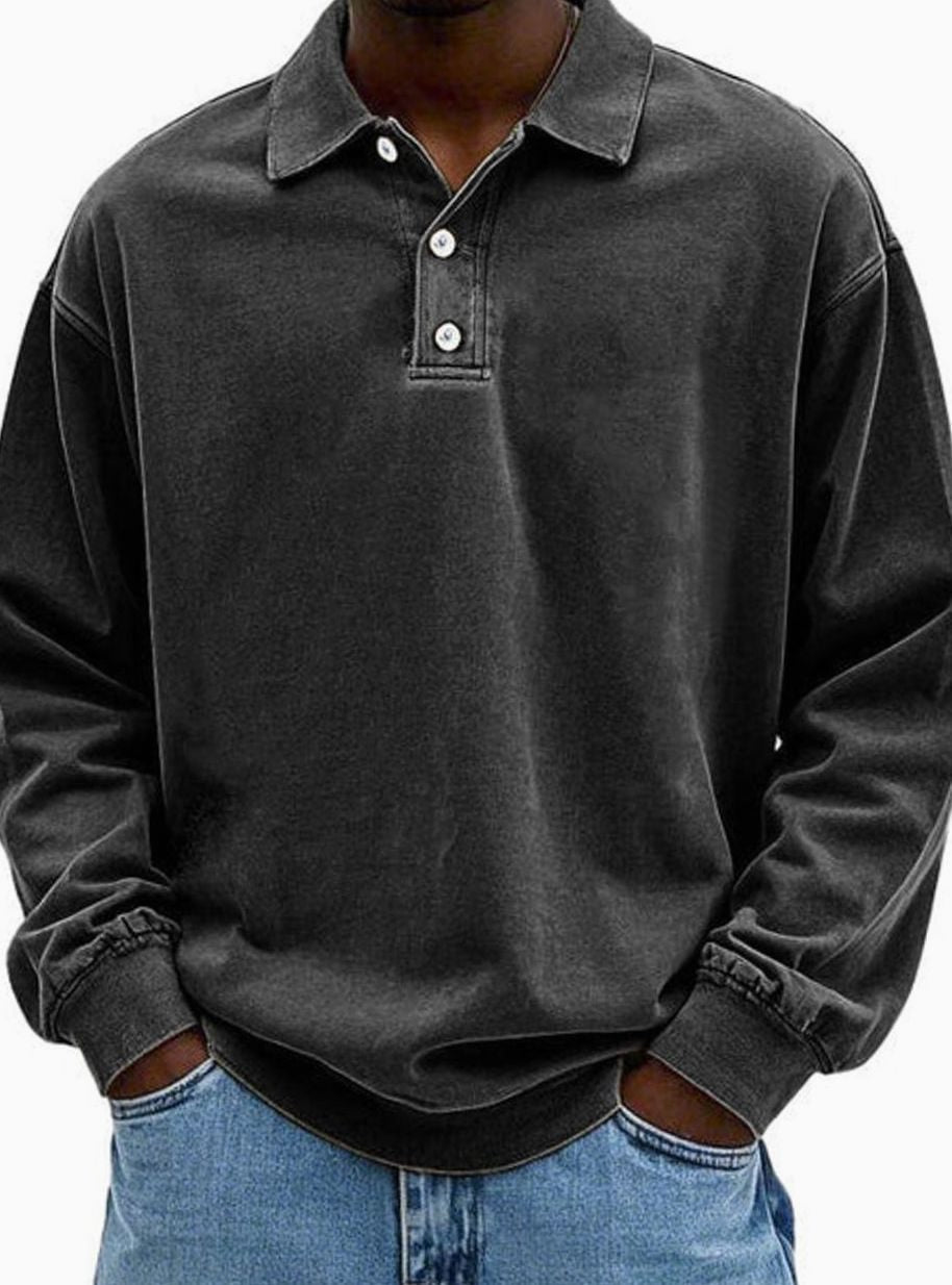 Herren Langarm Polo-Sweatshirt lässige Passform Knopfleiste - Schwarz