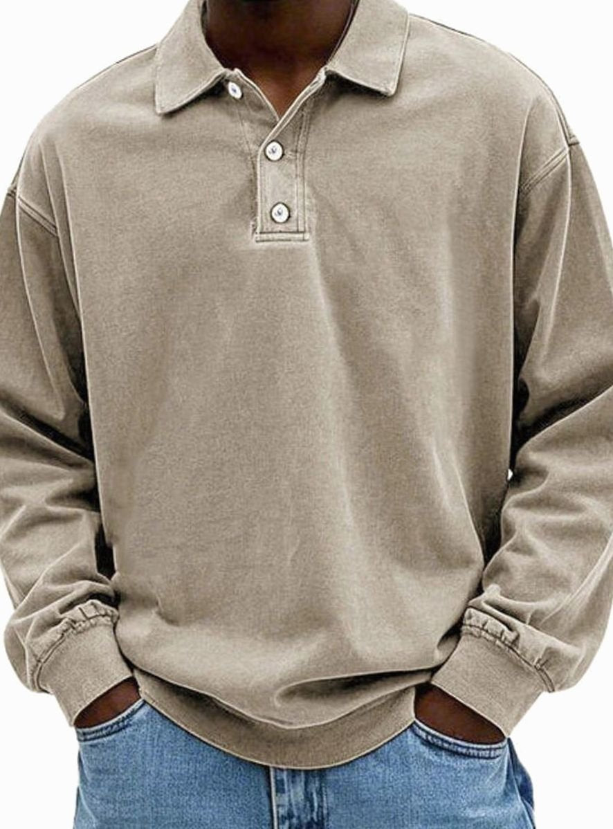 Herren Langarm Polo-Sweatshirt lässige Passform Knopfleiste - Khaki