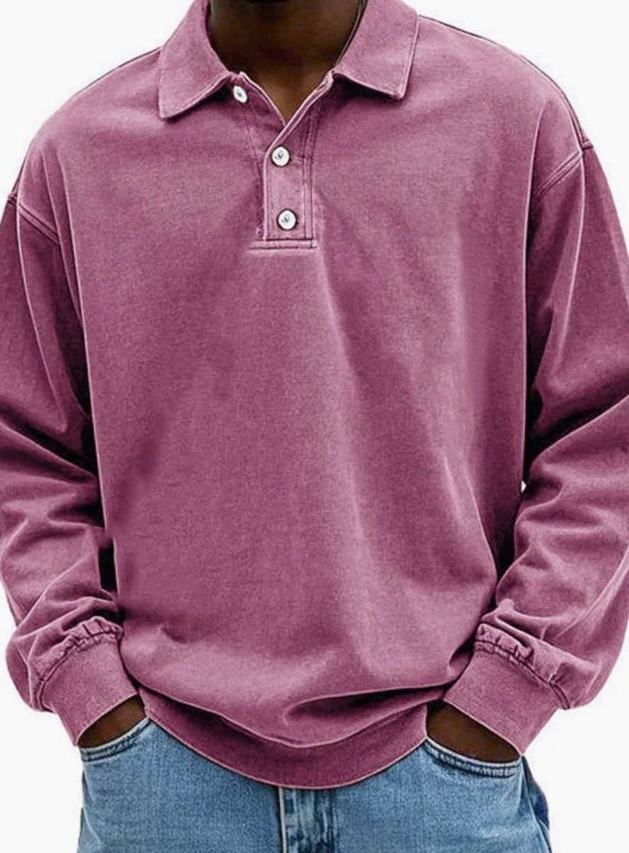Herren Langarm Polo-Sweatshirt lässige Passform Knopfleiste - Rosa
