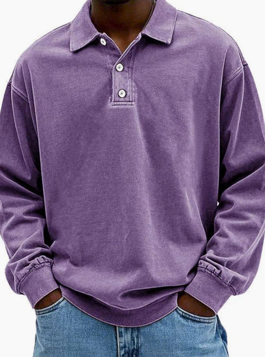 Herren Langarm Polo-Sweatshirt lässige Passform Knopfleiste - Lila