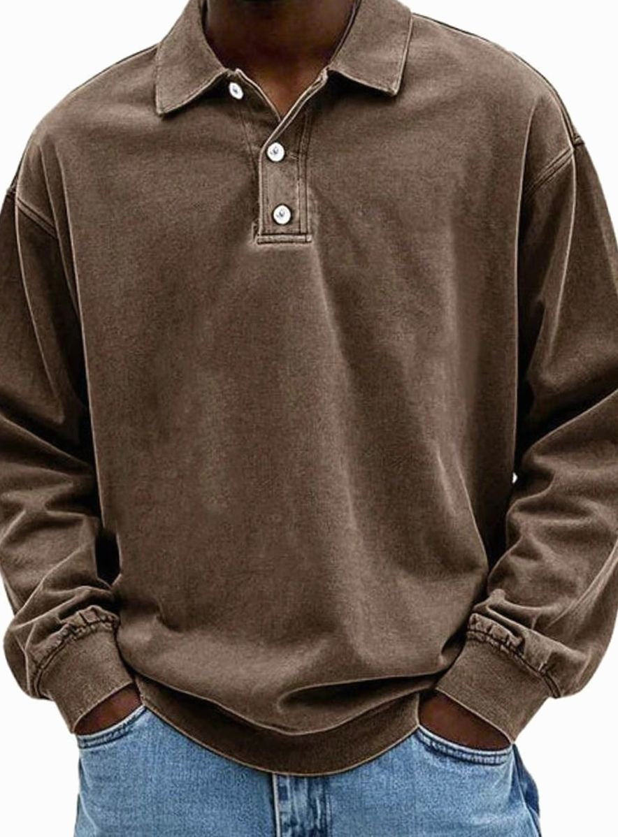 Herren Langarm Polo-Sweatshirt lässige Passform Knopfleiste - Braun