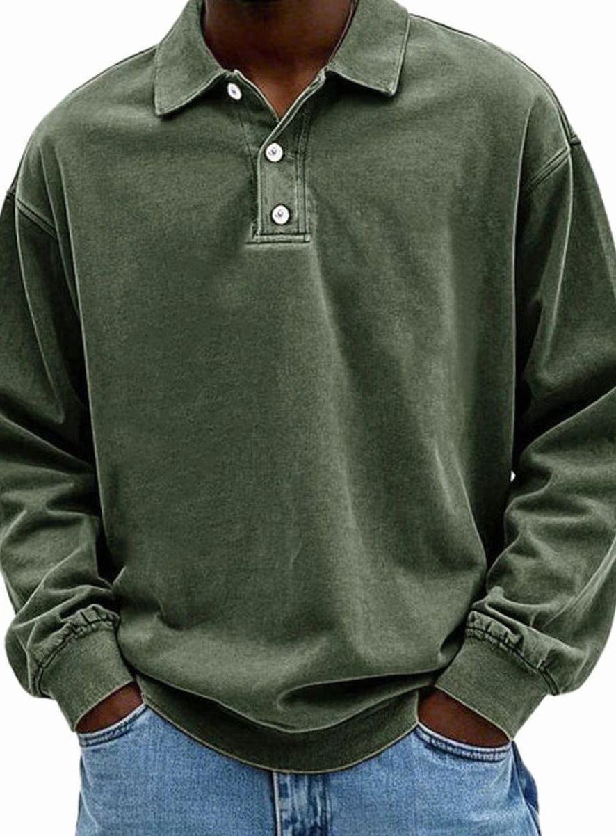 Herren Langarm Polo-Sweatshirt lässige Passform Knopfleiste - Armeegrün