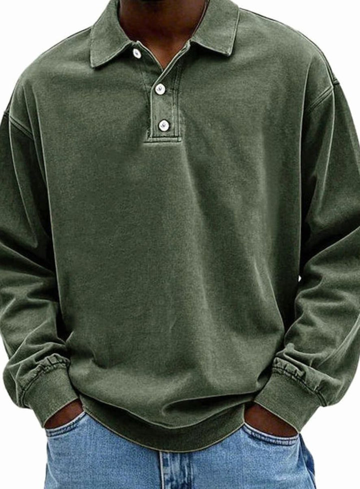 Herren Langarm Polo-Sweatshirt lässige Passform Knopfleiste - Armeegrün