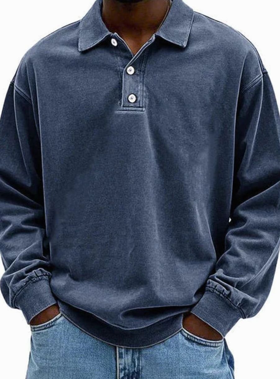 Herren Langarm Polo-Sweatshirt lässige Passform Knopfleiste - Marineblau