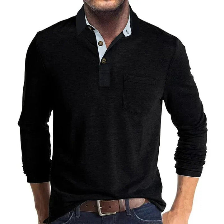 Herren Langarm-Poloshirt mit Brusttasche und Knopfleiste - Schwarz