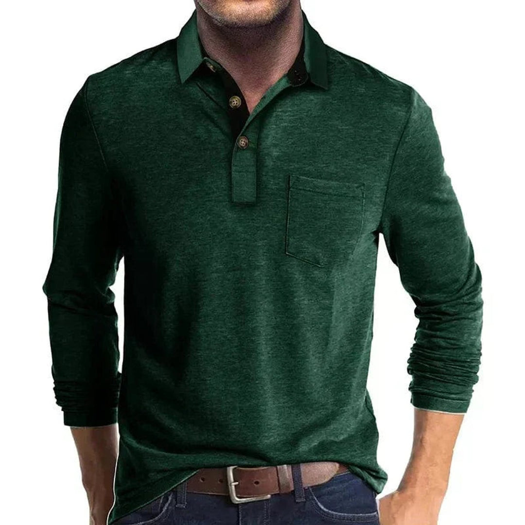 Herren Langarm-Poloshirt mit Brusttasche und Knopfleiste - Grün