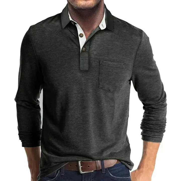 Herren Langarm-Poloshirt mit Brusttasche und Knopfleiste - Dunkelgrau