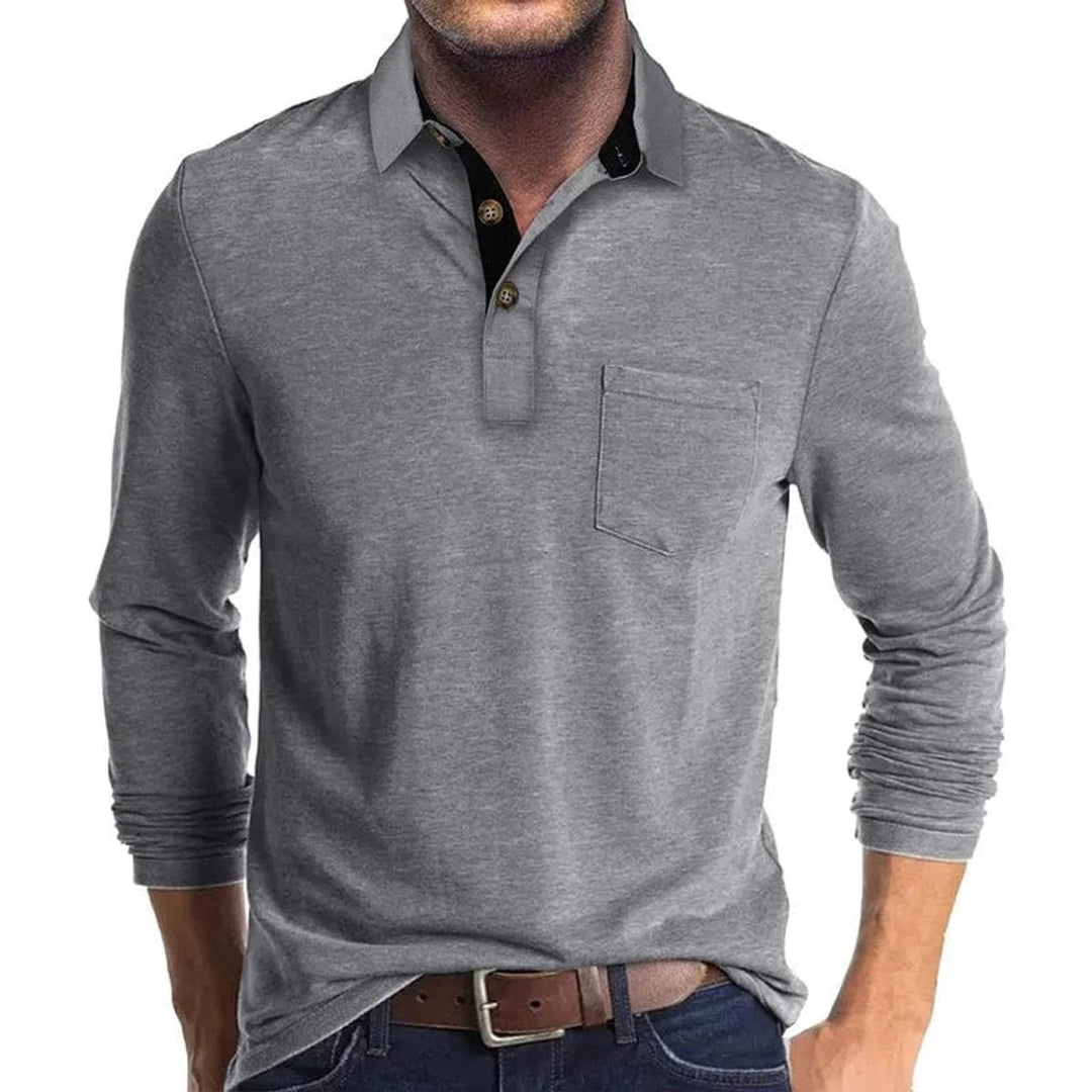 Herren Langarm-Poloshirt mit Brusttasche und Knopfleiste - Hellgrau