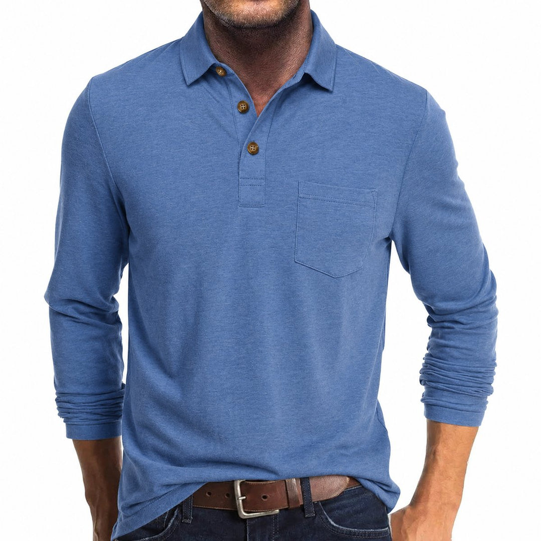 Herren Langarm-Poloshirt mit Brusttasche und Knopfleiste - Hellblau