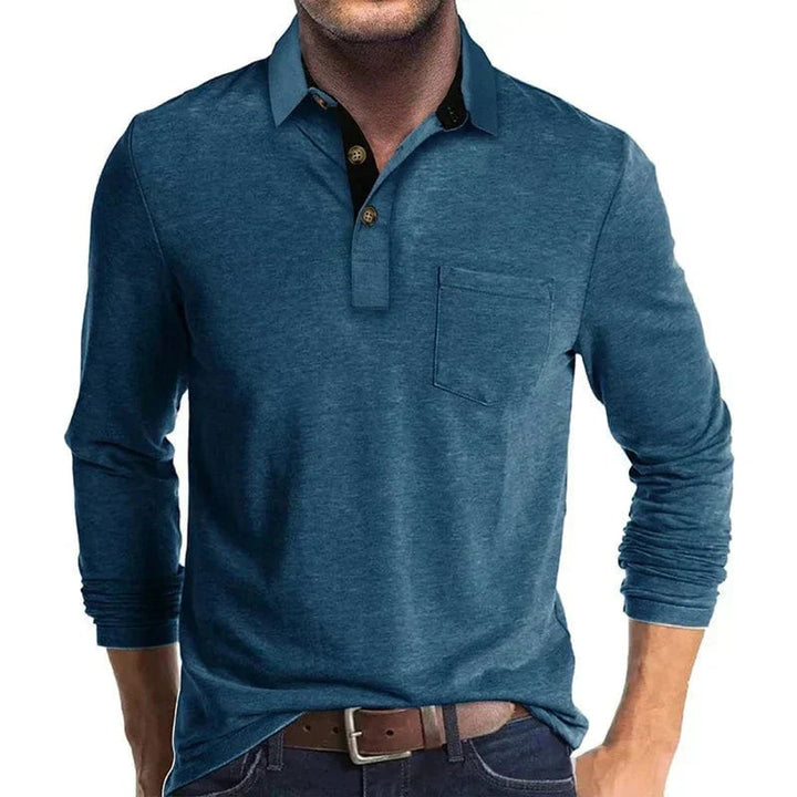Herren Langarm-Poloshirt mit Brusttasche und Knopfleiste - Blau