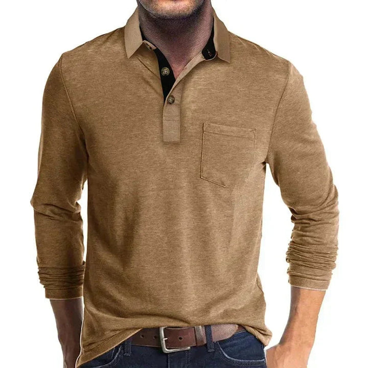 Herren Langarm-Poloshirt mit Brusttasche und Knopfleiste - Braun