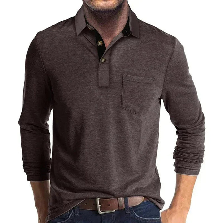 Herren Langarm-Poloshirt mit Brusttasche und Knopfleiste - Dunkelbraun