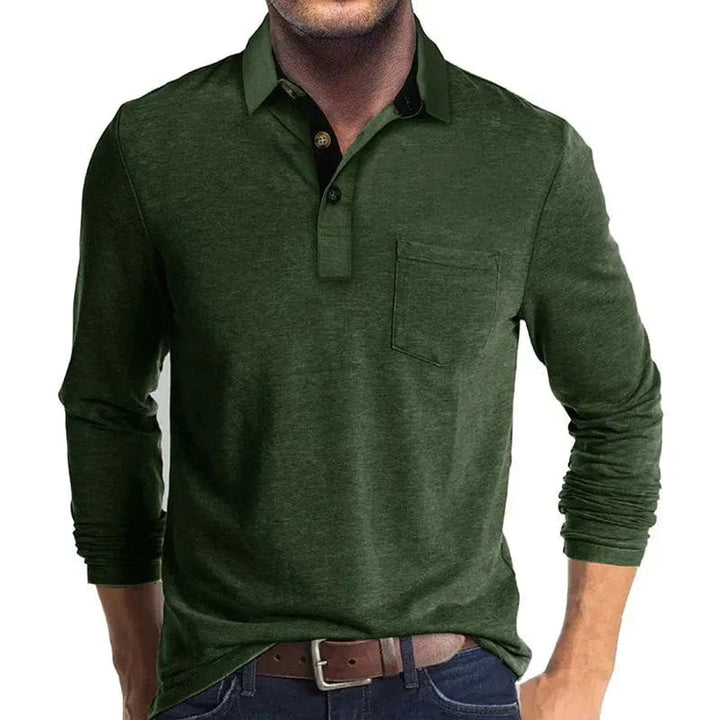 Herren Langarm-Poloshirt mit Brusttasche und Knopfleiste - Dunkelgrün