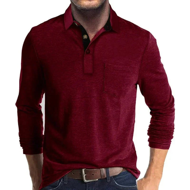 Herren Langarm-Poloshirt mit Brusttasche und Knopfleiste - Rot
