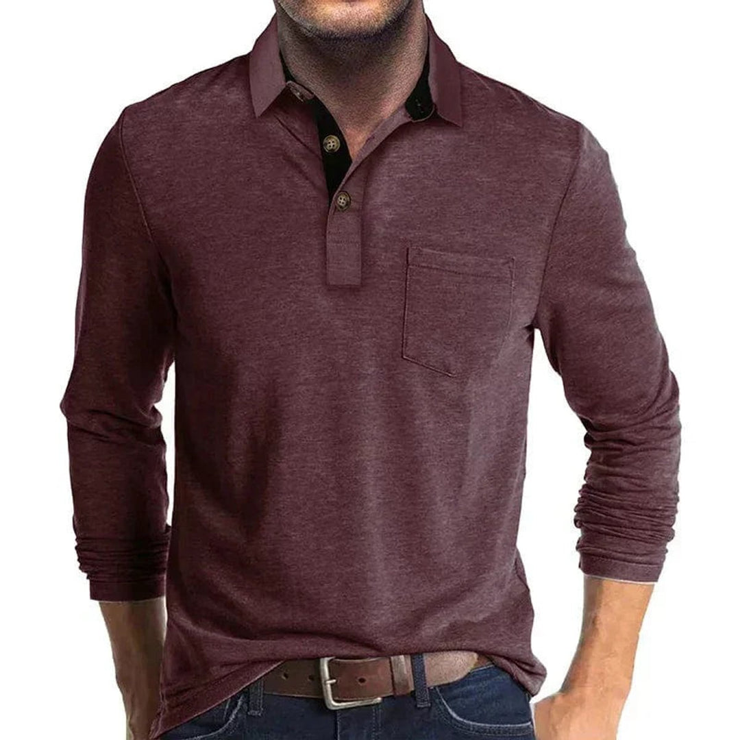 Herren Langarm-Poloshirt mit Brusttasche und Knopfleiste - Dunkelrot