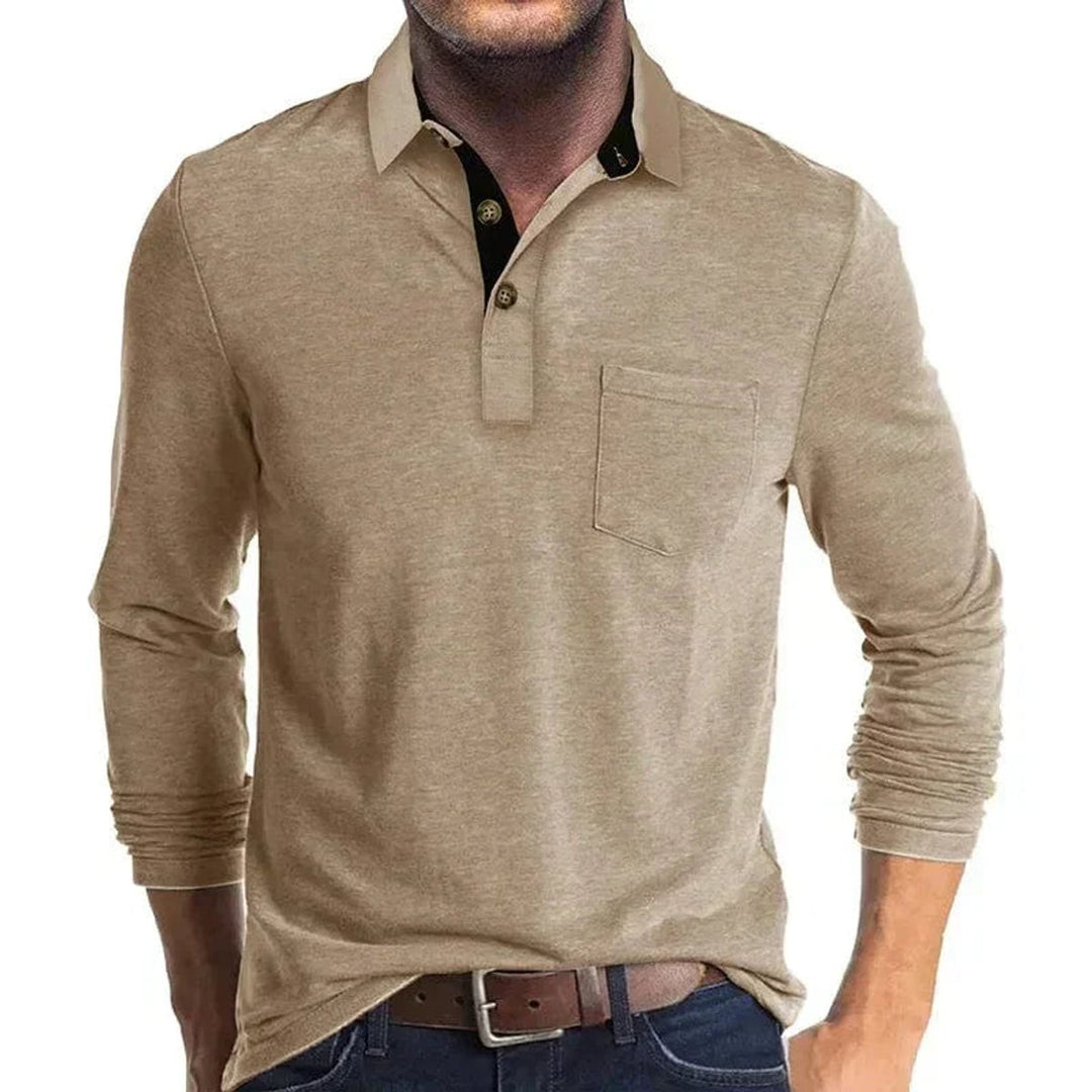 Herren Langarm-Poloshirt mit Brusttasche und Knopfleiste - Khaki
