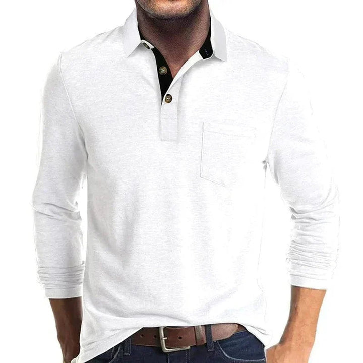 Herren Langarm-Poloshirt mit Brusttasche und Knopfleiste - Weiß